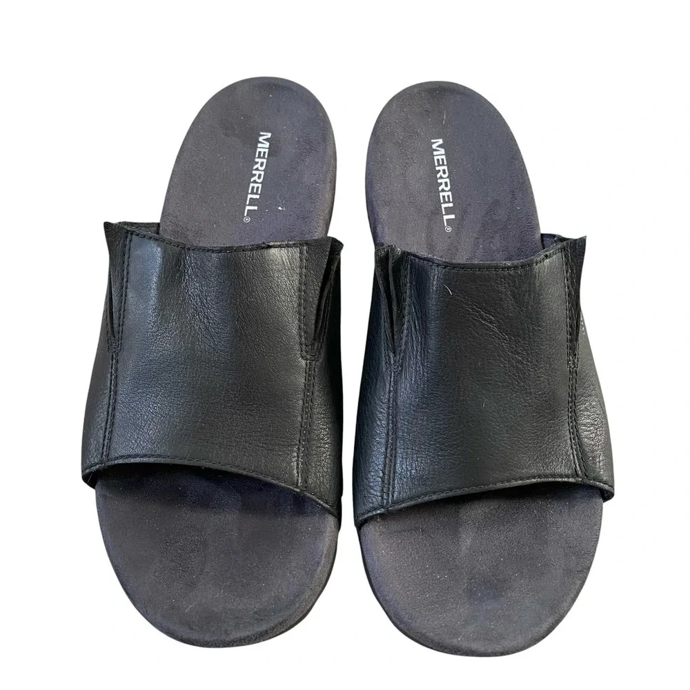 Merrell Sandspur Slide Sandals Men Size 10 EU 43 Black Leather Flat Slip On